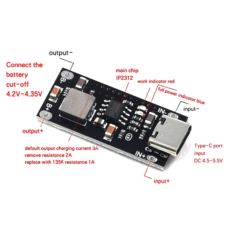 4*3*1cm USB Type-C High Voltage Input 3A Polymer Triple Lithium Battery Fast Charging Board IP2312 CC/CV Mode 5V To 4.2V