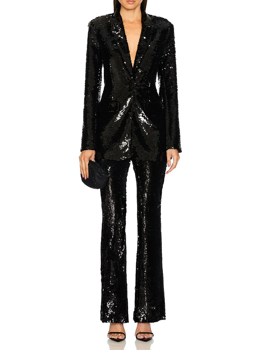 TWOTWINSTYLE ample épissé paillettes deux pièces ensembles pour femmes revers manches longues Blazer taille haute Blace pantalon ensemble de mode femme