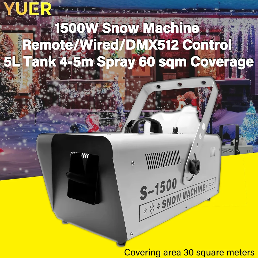 1500W Snow Machine: Remote/Wired/DMX512 control, 5L tank, 4-5m spray, 60 sqm coverage. Perfect for parties, weddings, and events