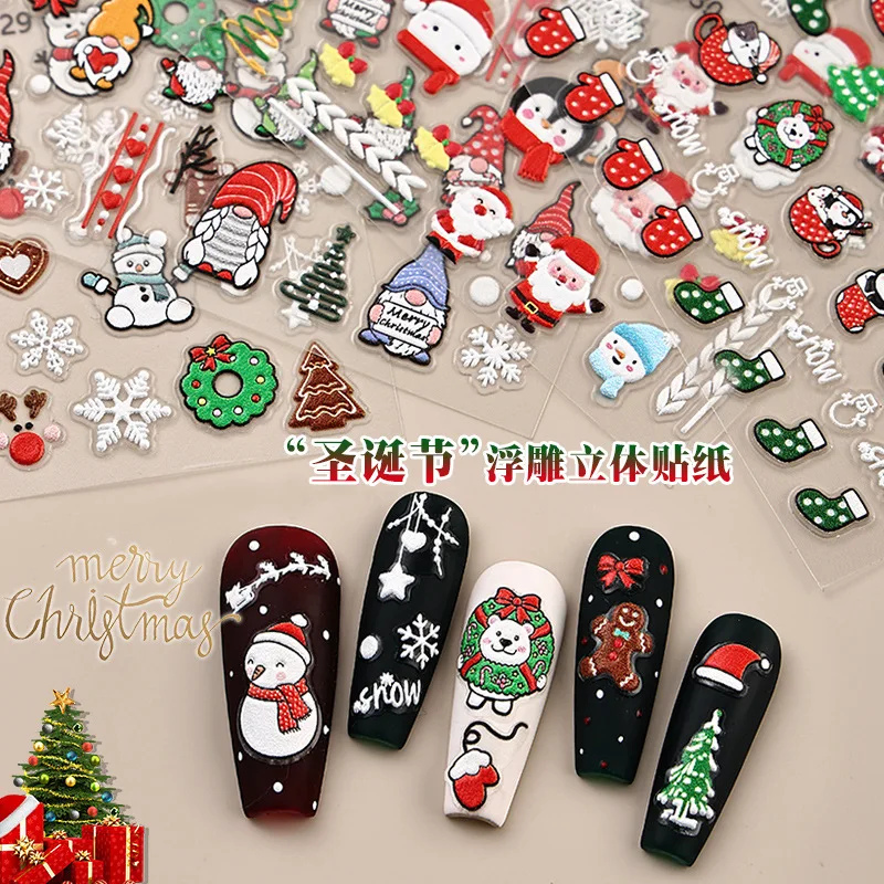 Cute Deer Christmas Nail Stickers 5D Embossed Elk Star Gingerbread Man Snowflake Santa Claus Holly DIY Winter Engraved Manicure