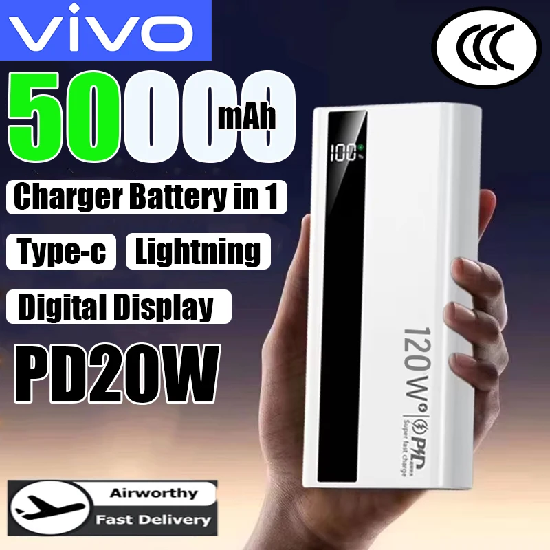 

Внешний аккумулятор VIVO 500000 мАч, 120 Вт, сверхбыстрая зарядка, высокая емкость, с цифровым дисплеем, для iPhone 16, Samsung