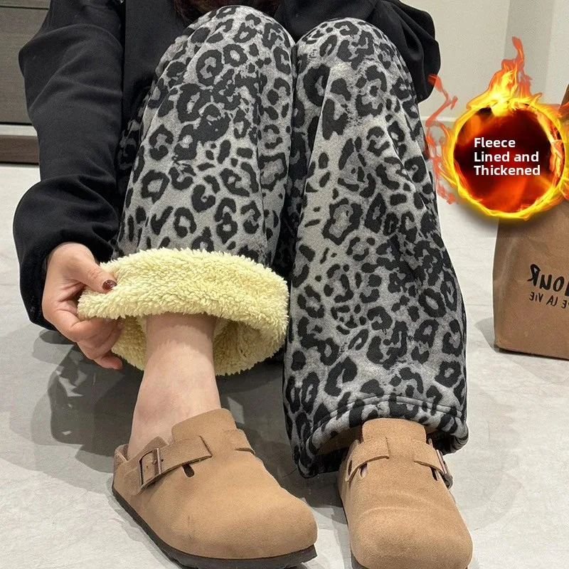 بنطلون كاجوال سميك مبطن بفرو الحمل المخملي للنساء، بنطلون شتوي للمنزل بساق مستقيمة وواسعة من القطن، ملابس نوم