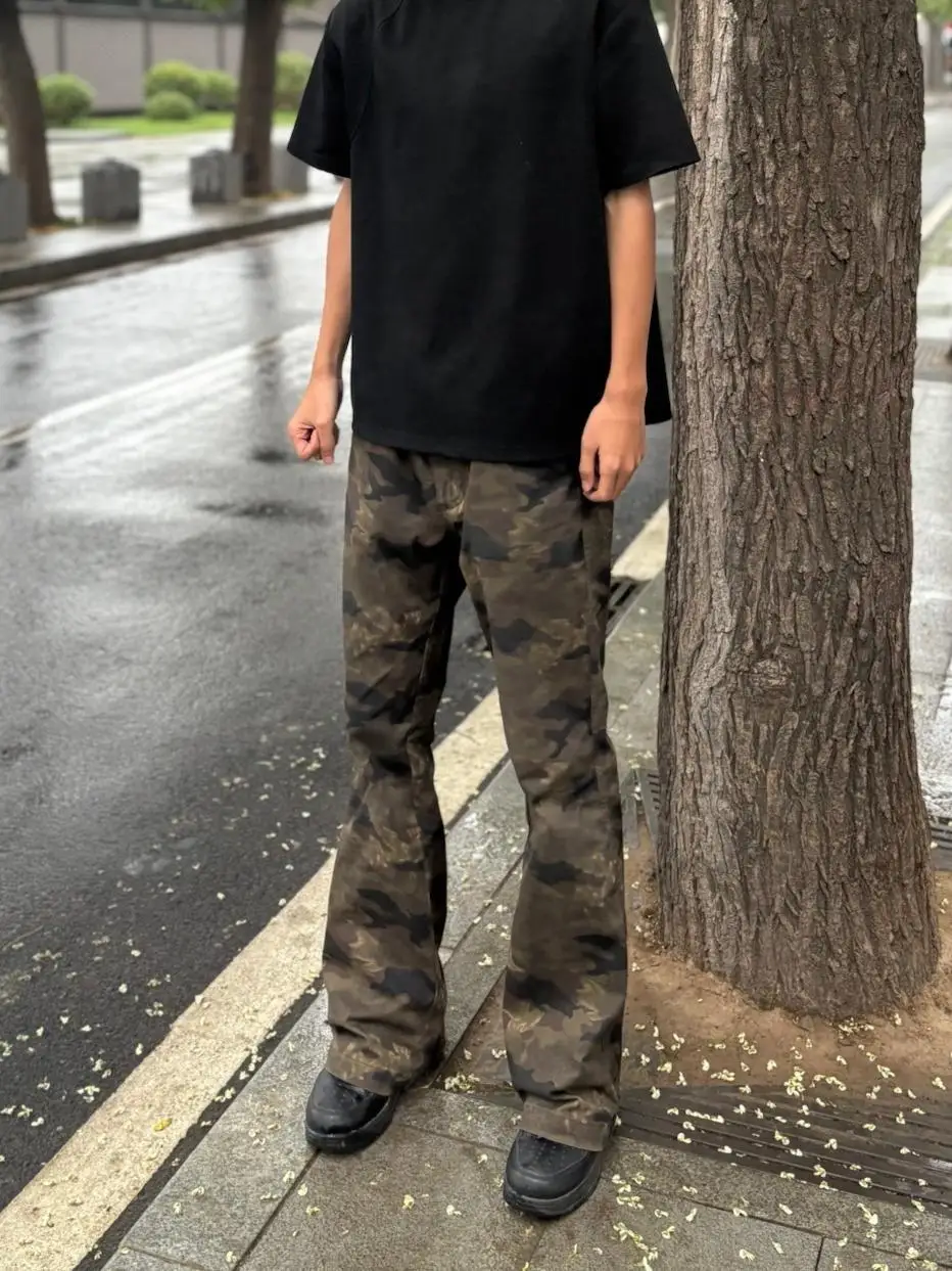 

American High Street Cleanfit Vintage Workwear Camouflage Jeans Men's Straight Leg Micro Flared Slimming Pants Casual Youth P...