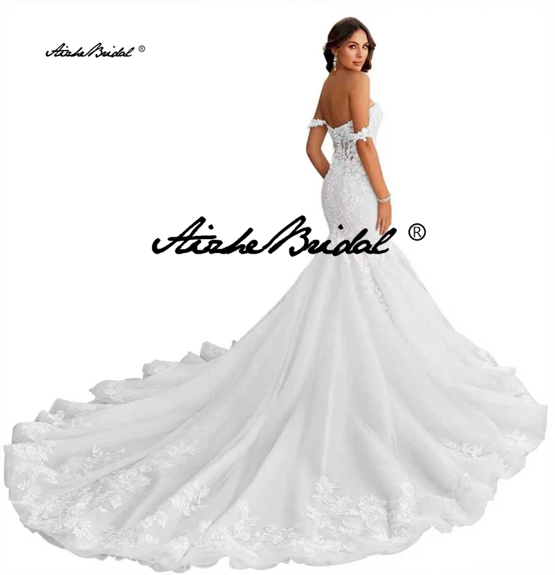 Schulterfreie Meerjungfrau-Brautkleider, individuelle Spitzenapplikationen, langes Brautkleid, ärmelloses, rückenfreies Boho-Brautkleid