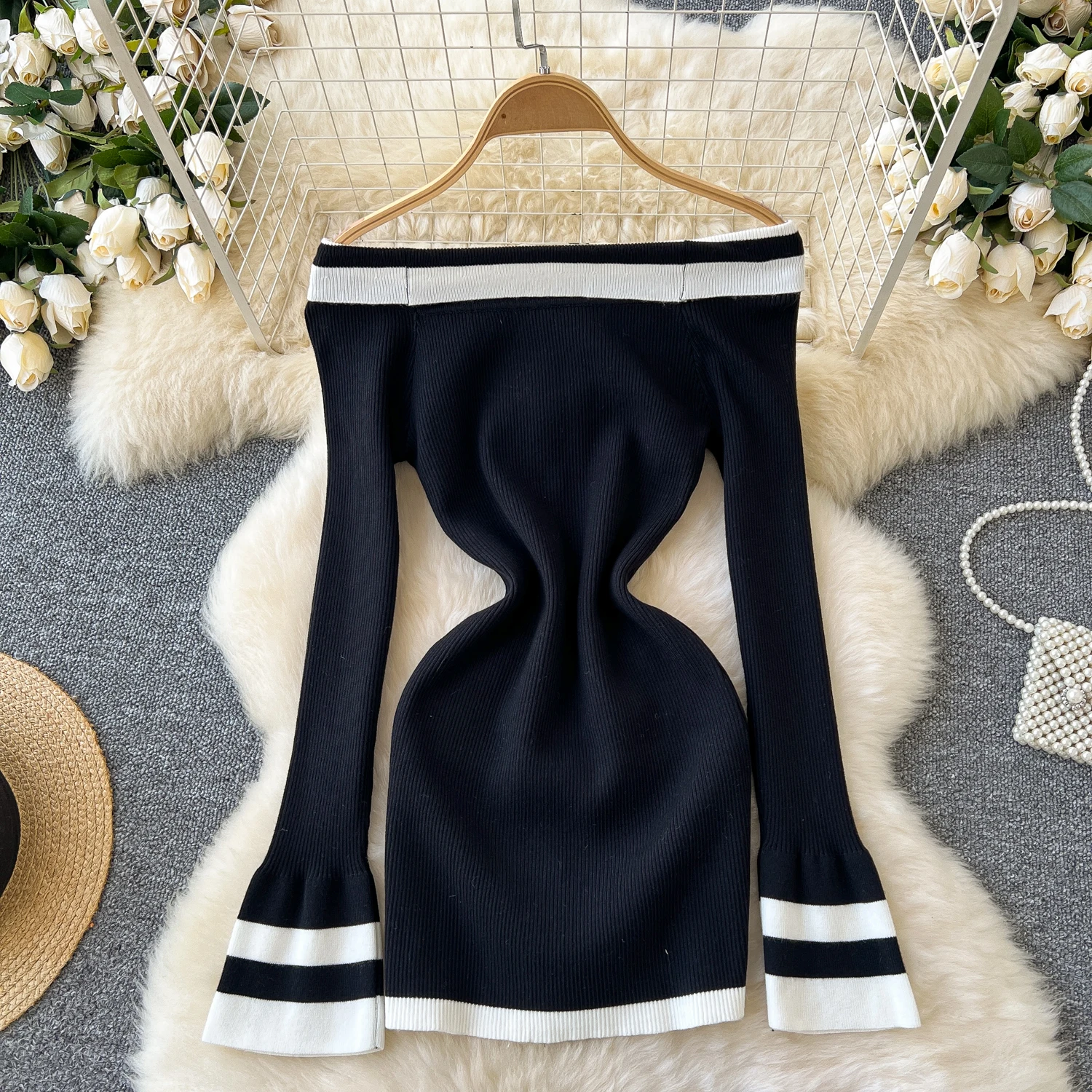 Sexy Slash Neck Elegant Striped Basics Long Sleeve Chic Button Slim Knit Dress Women Korean Fashion High Street Evening Clothing