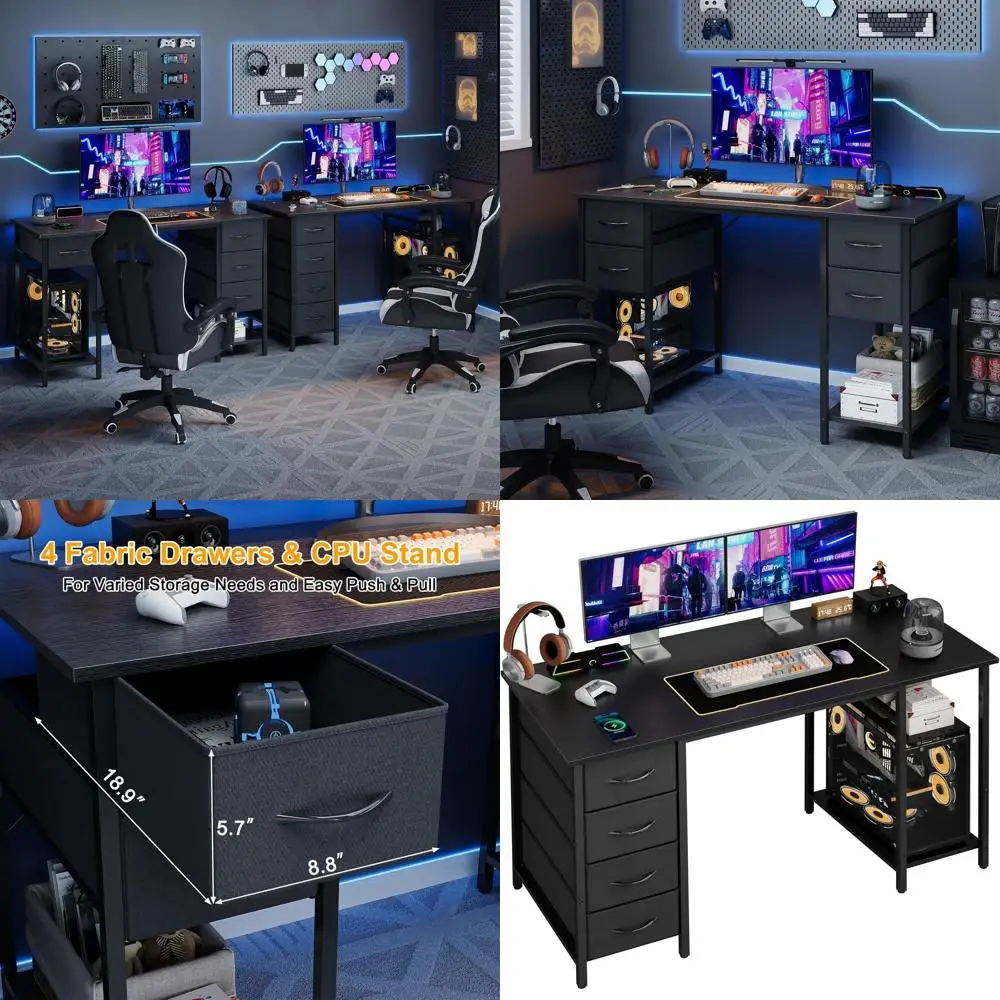 

47 Черный стол для домашнего офиса с 4 ящиками, хранилищем и полкой для процессора для игр и учебы