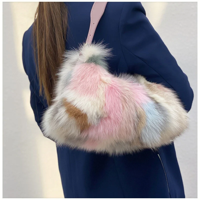 Real Woman Fox Fur Bag Totes Bag Brand Party Shoulder Bag Ladies Hand Bags Designer Luxury Evening Bag Fur Leather  Women's Bags