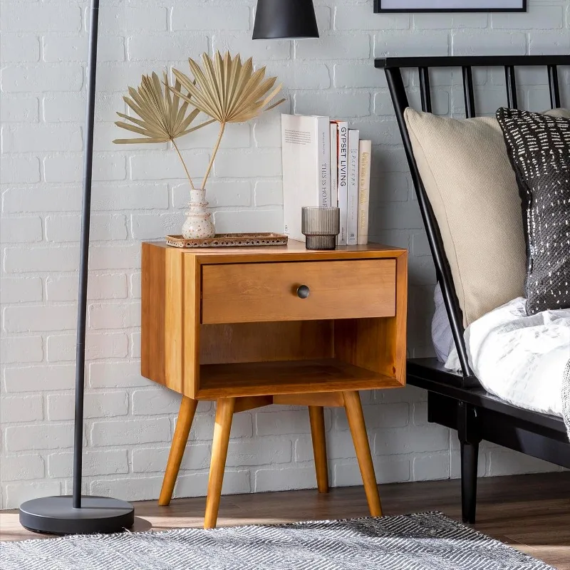 Mid Century Modern Wood Nightstand Side Table Bedroom Storage Drawer and Shelf Bedside End Table, 1 Drawer, Caramel