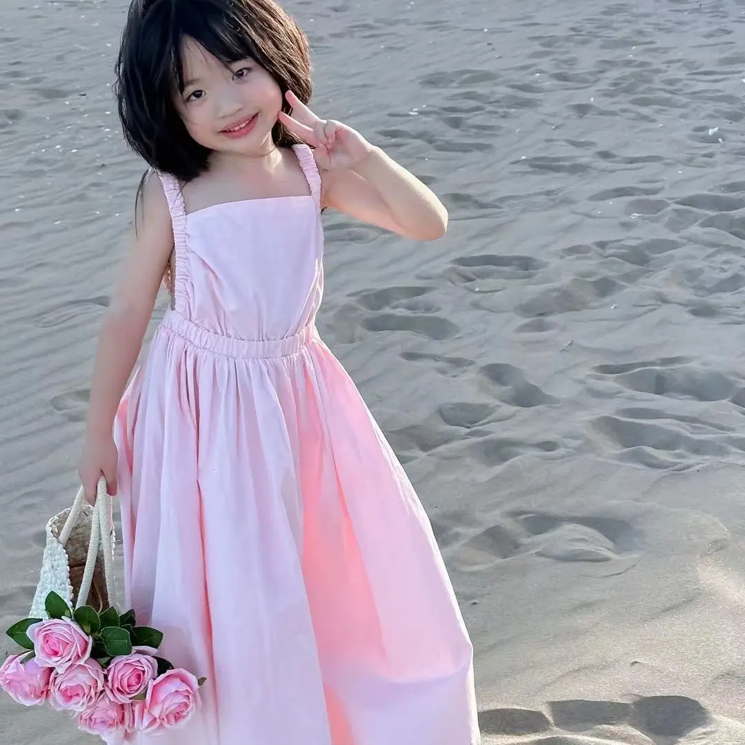 Girls Skirt Fresh Pink Halter Suspender Dress Princess Dress 2025 Summer New Children's Clothing 3-8 Years Old