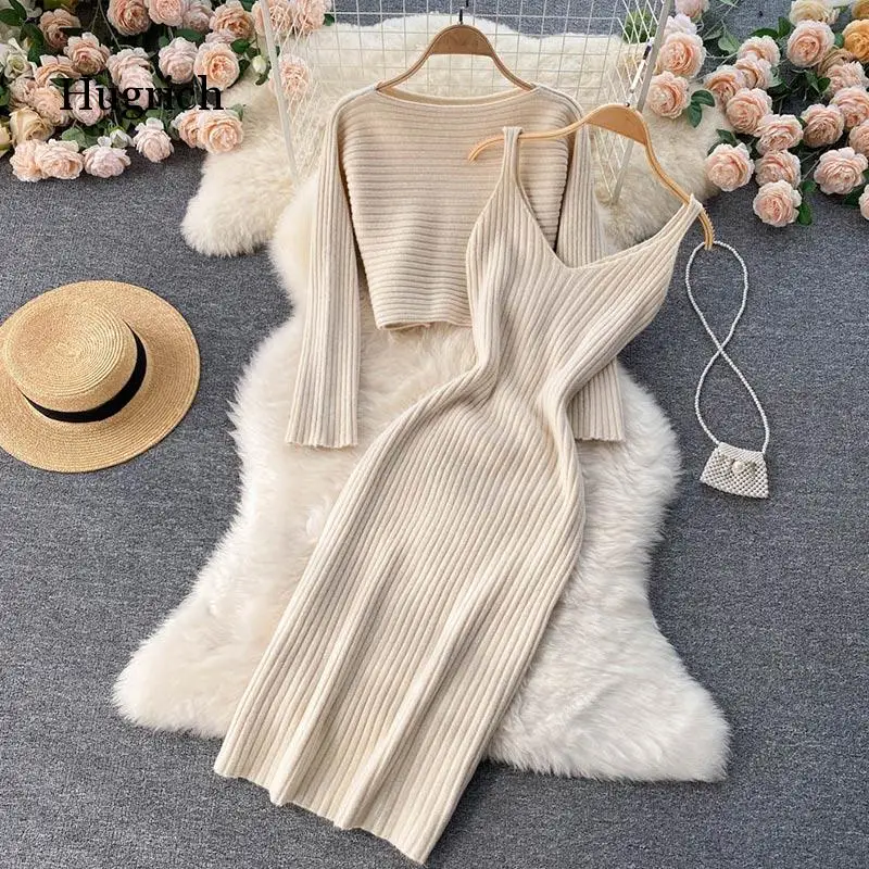 Autumn and Winter New Celebrity Temperament Shawl Cashmere Jacket Female Knitted Pure Desire V-neck Sling Dress Two-piece Suit