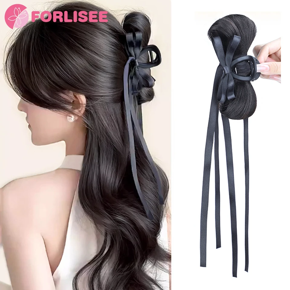 

FORLISEE Ball Head Wig Claw Clip Bow Ribbon Bun Gentle Half-tied All-match Ponytail Wig Bun