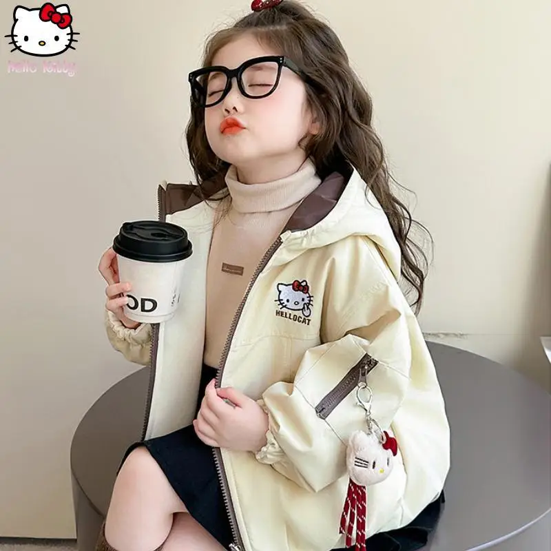 

Spring Autumn New Hello Kitty Girls Cartoon Reversible Jackets Kawaii Children's Jackets Anime Autumn Sanrio Fashion Casual Tops