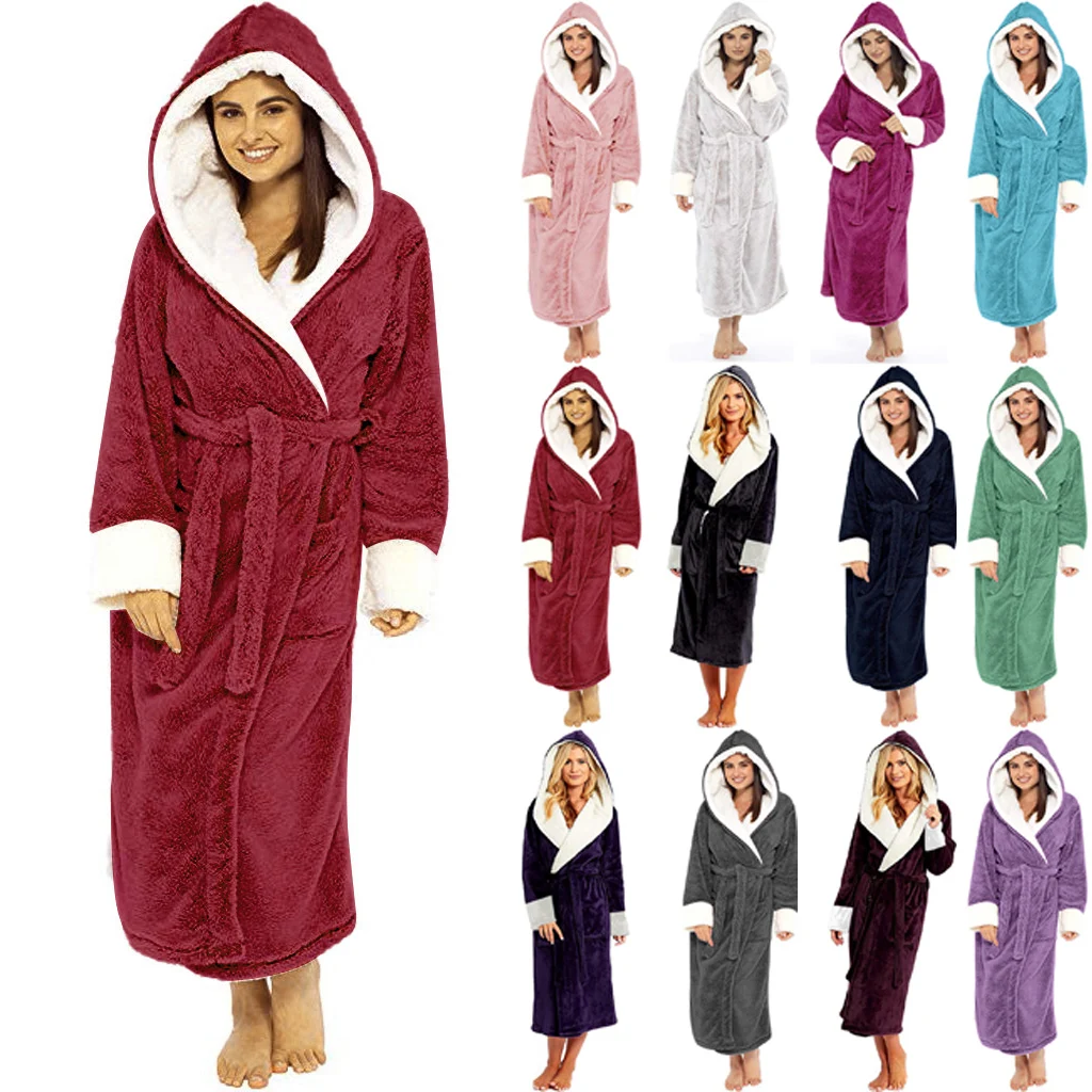 

Ladies Long Sleeved Plush Bathrobe Women's Casual Solid Color Night-robe With Belt Female Mid-Length Cardigan Top Outerwear
