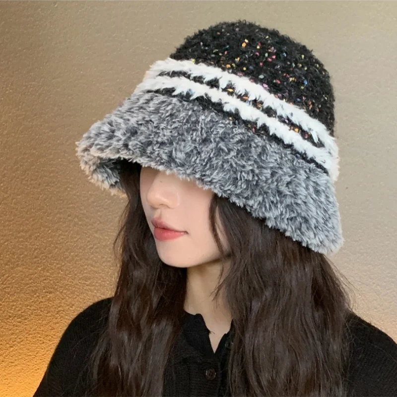 

Colourful Knitted Hat Women Korea Autumn Winter Warm Dopamine Warm Fisherman's Hat Thickened Bucket Hat Furry Outdoor Cute Ski