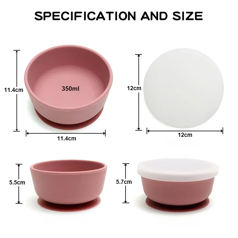 Non-toxic Baby Silicone Suction Bowl with Lid BPA Free Anti-fall Strong Suction Toddler Dinning Bowls Kids Training Tableware