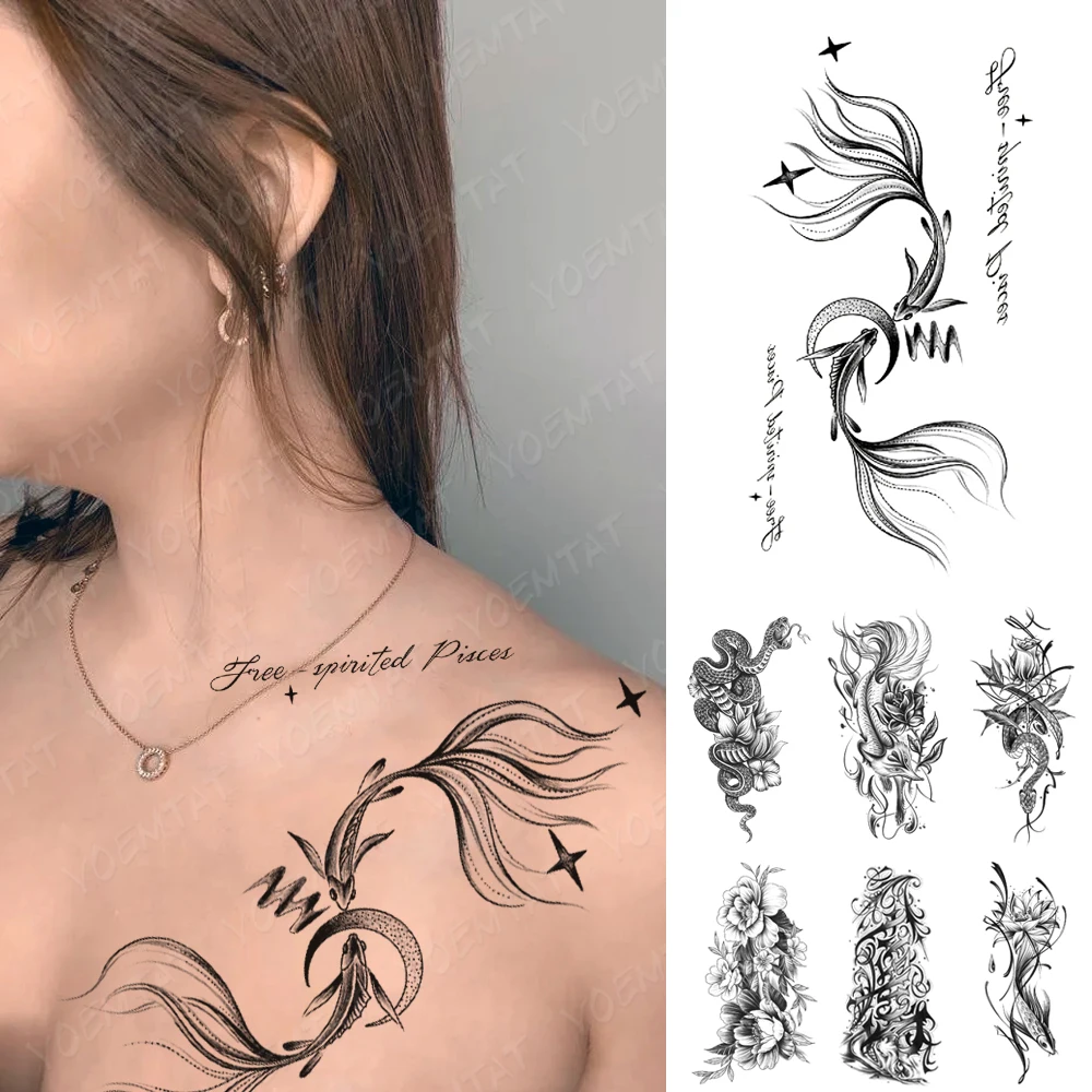 

Waterproof Temporary Tattoos Sticker Cute Goldfish Carp Fox Letter Word Text Flash Tatoo Women Arm Chest Fake Tatto Men Body Art