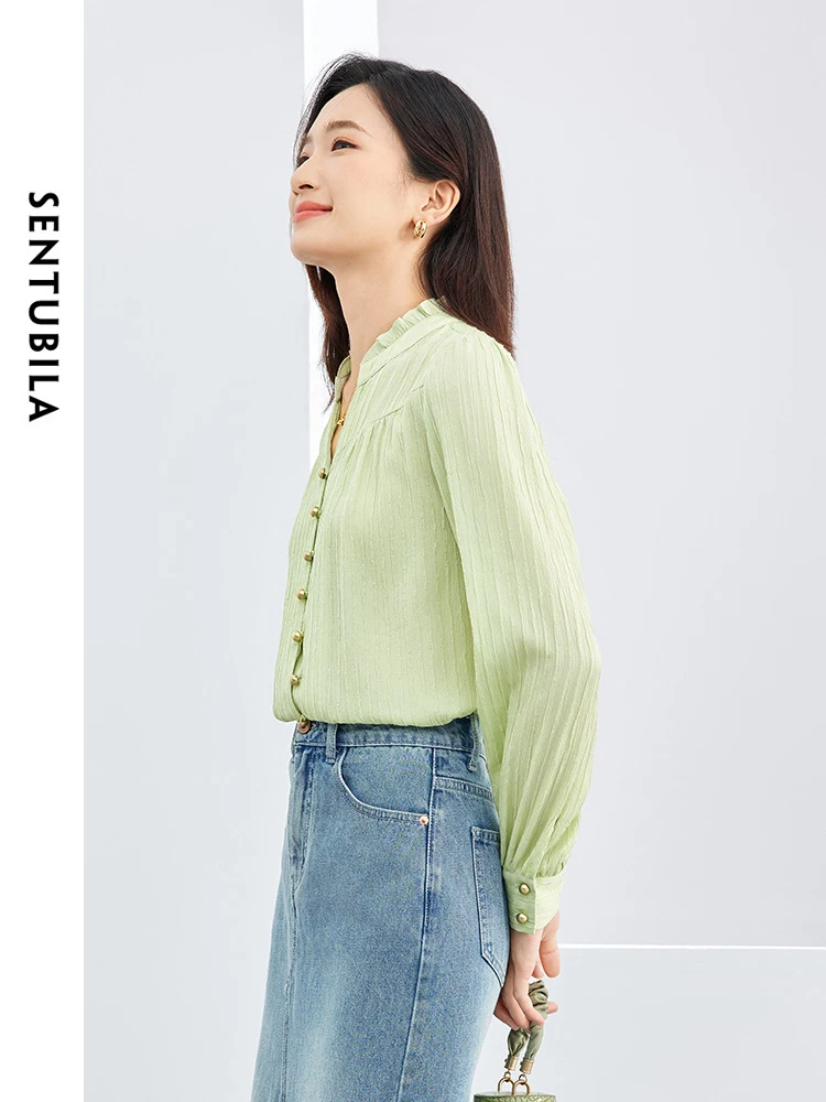 SENTUBILA Button Up Shirt & Blouse Light Green Elegant Stand Collar 2024 Autumn Solid Long Sleeve Tops Woman Clothing 143C56411X