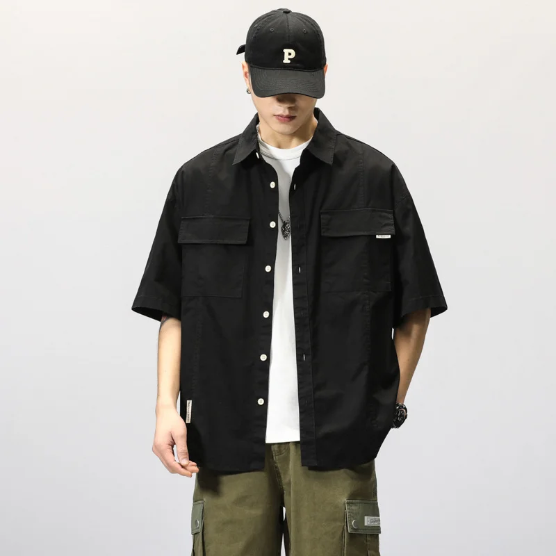 Summer Japanese Cargo Short Sleeve Shirt Men\'s Pockets Button Turn-down Collar Shirts Fashion Casual Cardigan blouses Tops