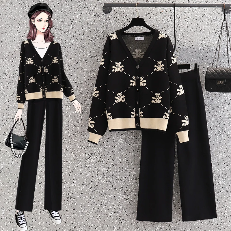 2 Pieces sweater Set Women Tracksuit V-neck Sweater + loose Trousers CHIC Cardigan Sweater+ Knitted Carrot pants Set