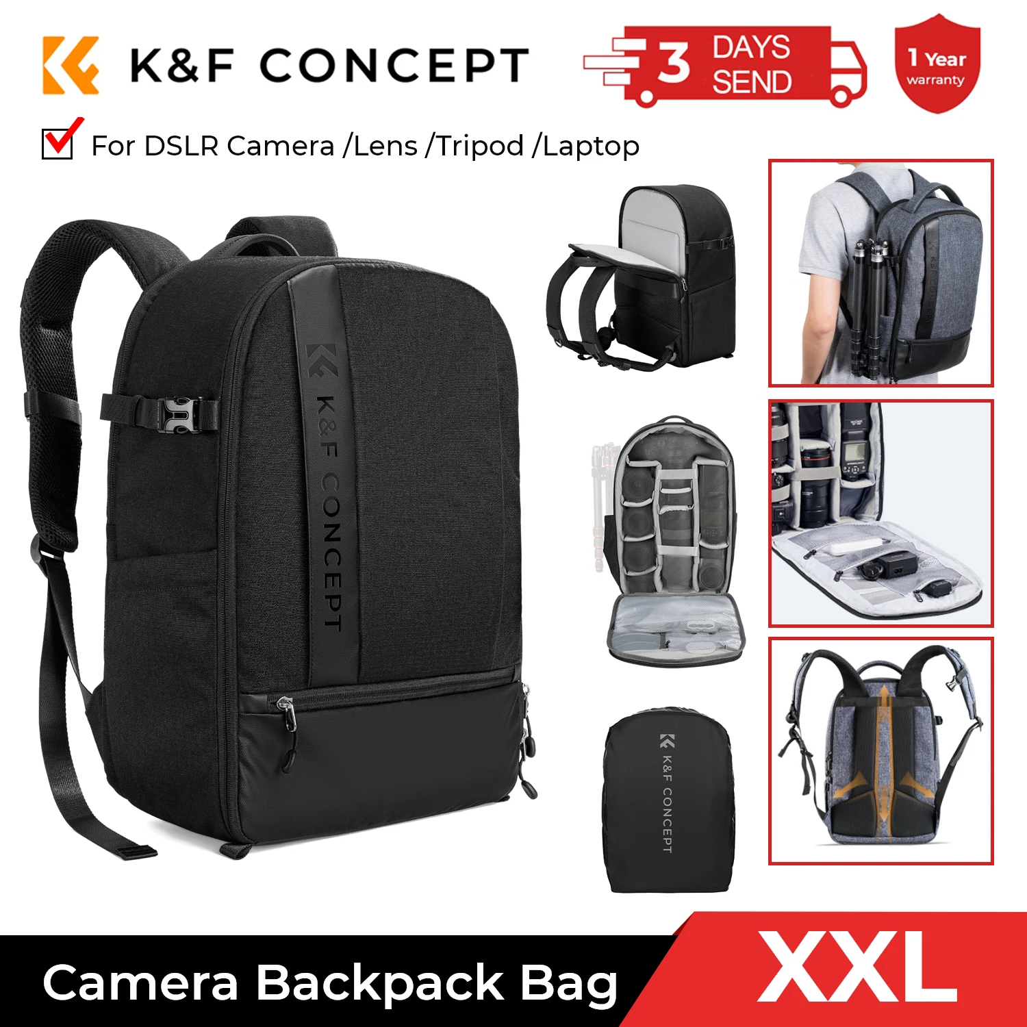 

K&F Concept Professional Camera Backpack Large Photography Bag for DSLR Camera 15" Laptop Tripod Lenses Camera Photo Bag Outdoor