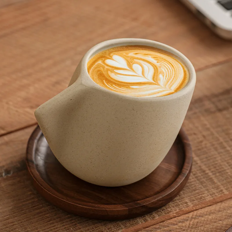 Retro Handmade Rough Clay Coffee Cup, Tea Cup, Milk Cup, Latte Art Mug With Wooden Pad For Home Teahouse Cafe