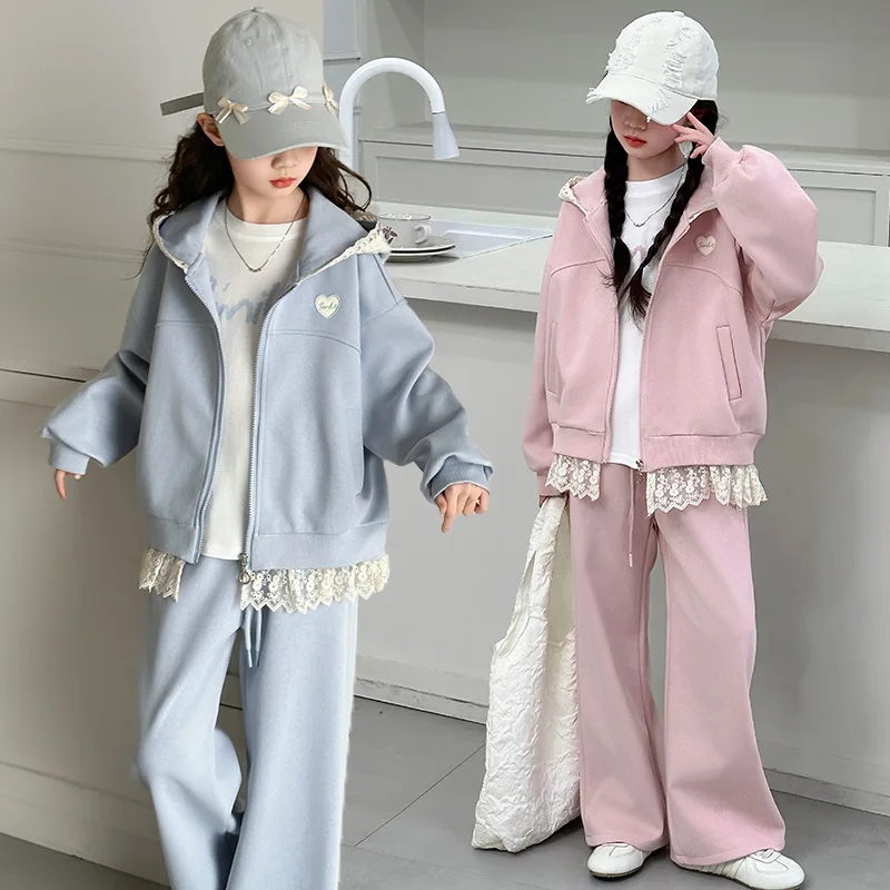 

Girls Fashion Lace Patchwork Hooded Zip Sweatshirt Jacket+Sweatpant Set School Kids 2PCS Tracksuit Children Jogger Outfit 5-16Yr