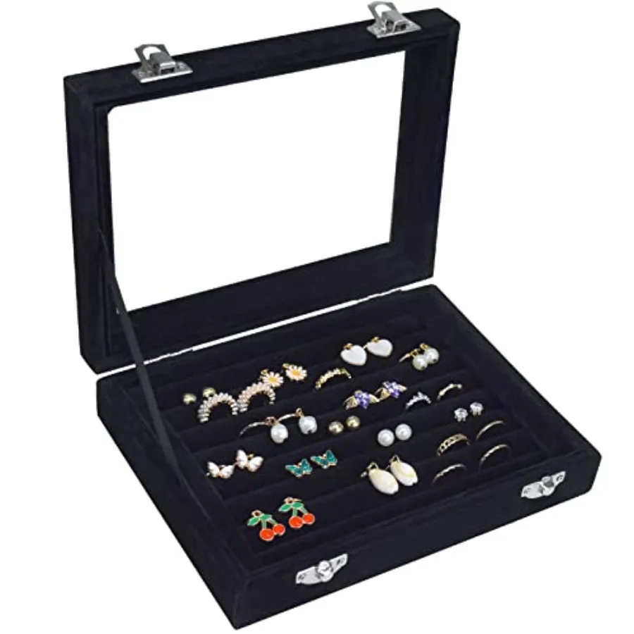 Organizador de Anillos con 7 Ranuras, Caja de Almacenamiento de Joyas de Terciopelo con Tapa Transparente, Estuche de Exhibición de Joyas para Niñas, Esposas, Madres