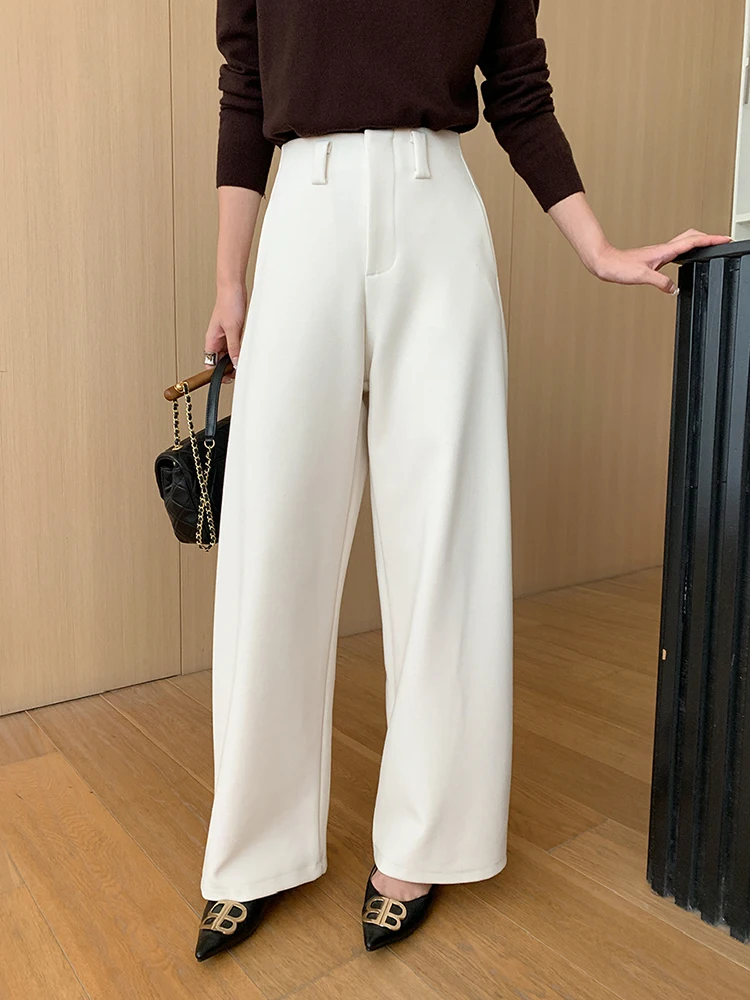 [LANMREM] High Waist Wool Wide Leg Pants For Women Soid Office Lady Straight Minimalism Loose Trousers 2024 Autumn New 26C193