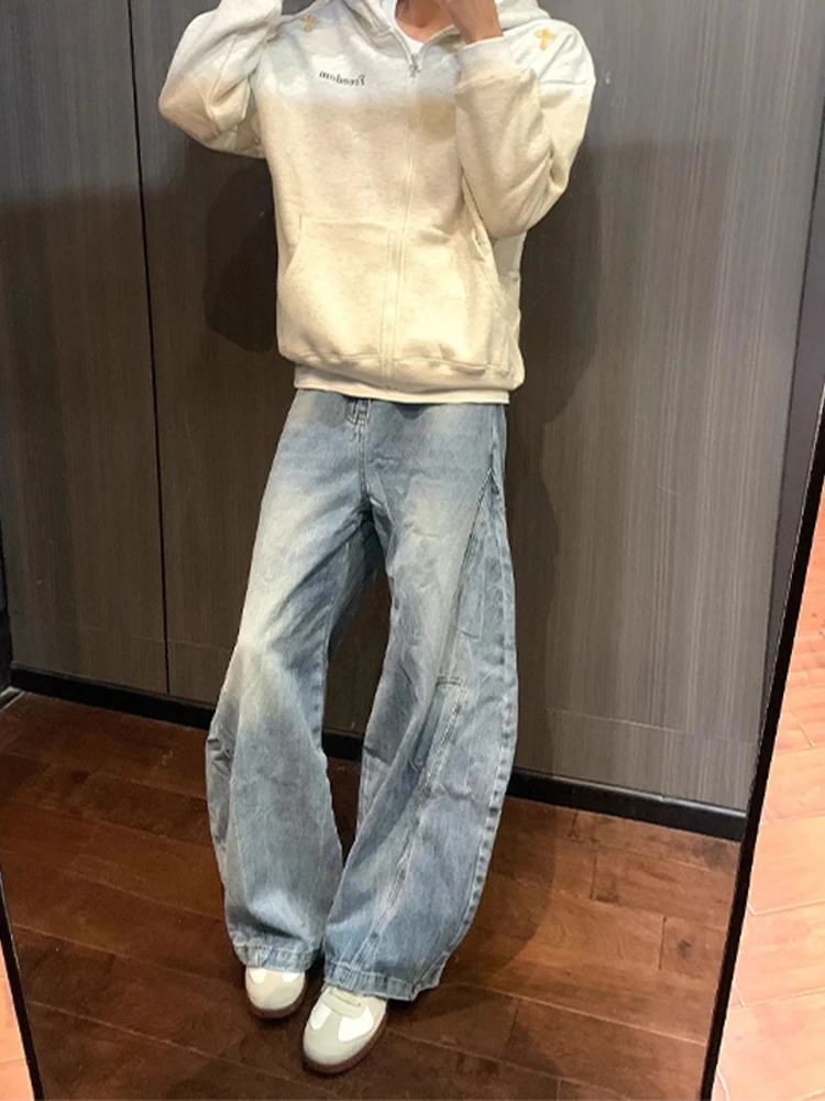 

Американские ретро синие широкие мужские джинсы с завышенной талией, свободные брюки с высокой посадкой и ножом, осенний сезон, молодежные износостойкие эластичные брюки