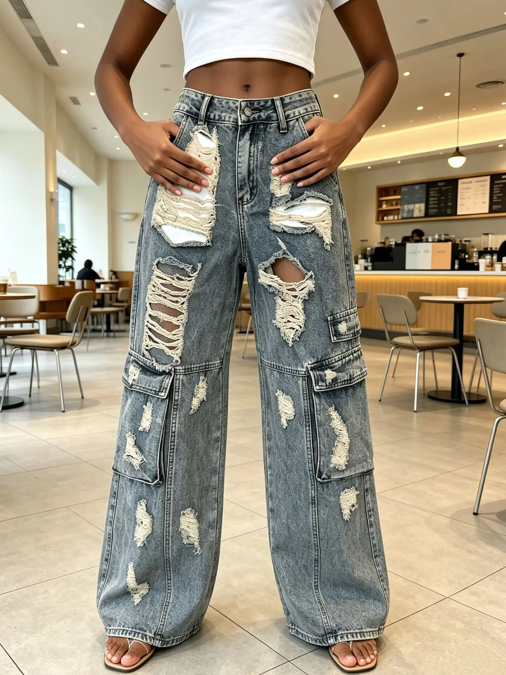 Y2K Black Gray High Waist Wide Leg Jeans Women Ripped Cargo Pocket Design Streetwear Slim Fit Long Pants