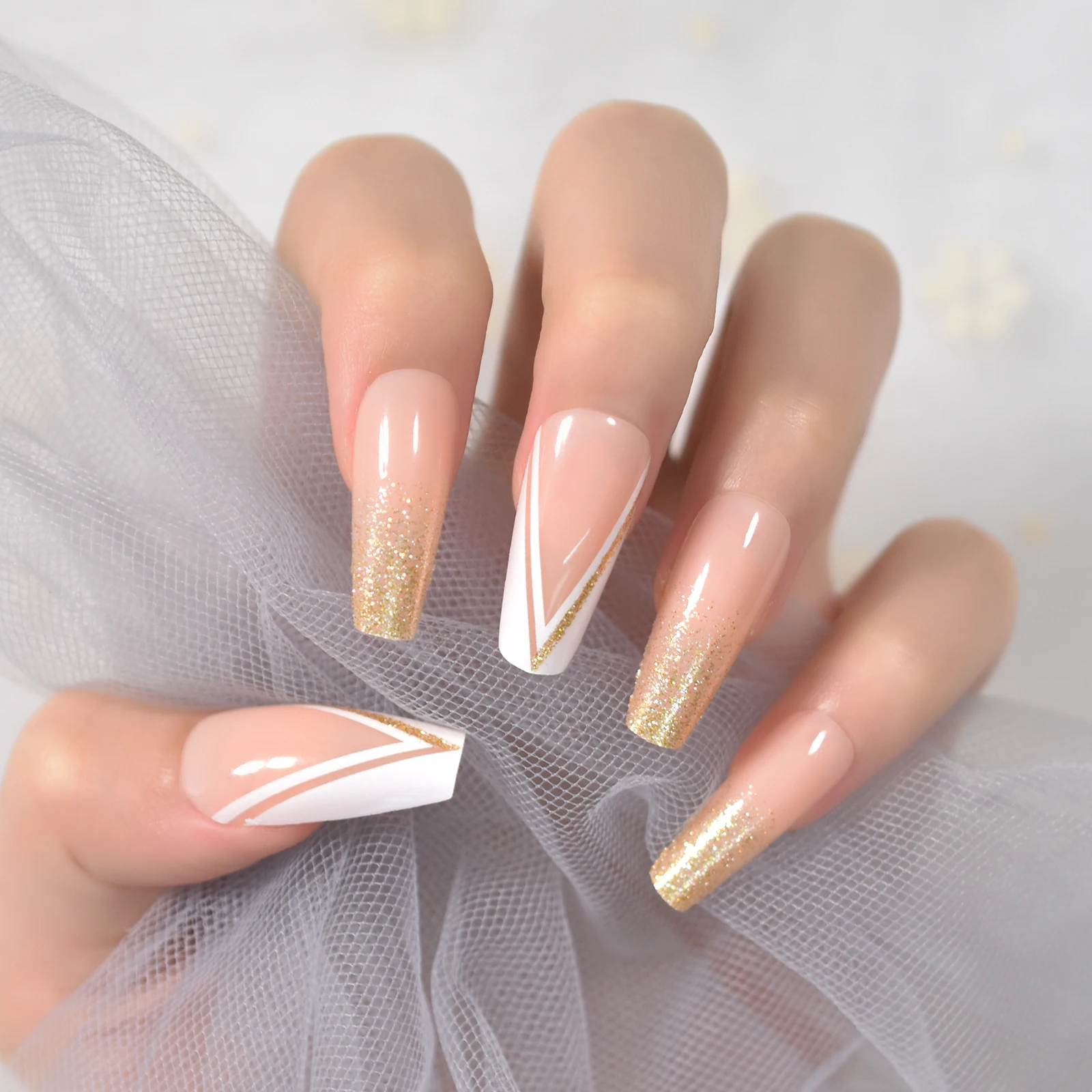 Longo caixão de bailarina nude ouro glitter imprensa francesa em unhas falsas diy manicure reutilizável falso acrílico dicas da arte do prego