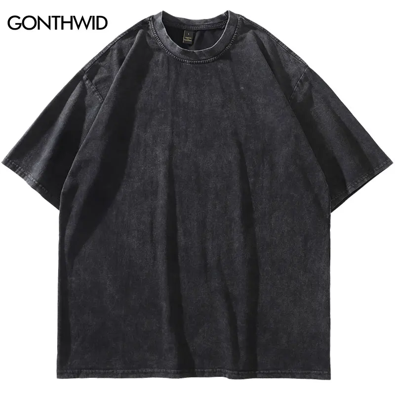 Vintage Black T-Shirt Streetwear Hip Hop Solid Color Washed Oversized Short Sleeve Tshirt Harajuku Fashion Summer Loose Tee Top