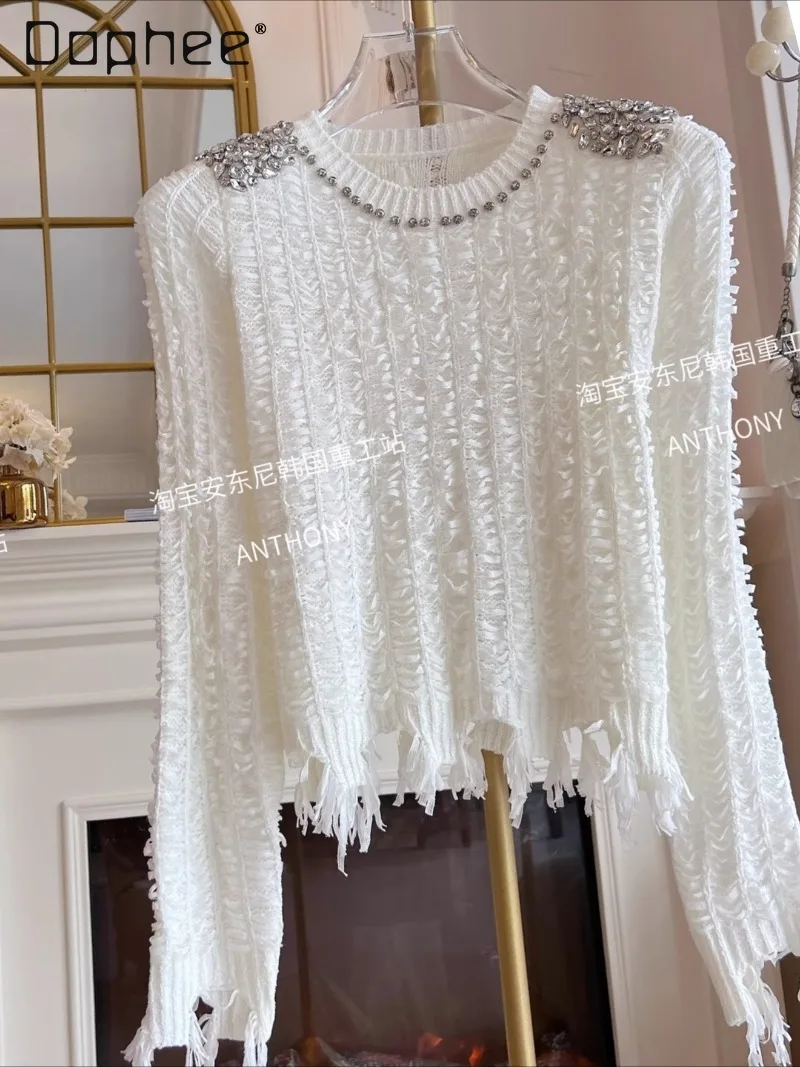 

Elegant Trendy Knitted Sweater Women Fashion 2025 Autumn New Heavy Rhinestone Tassel Irregular Sweater Fashion Causal Shirts