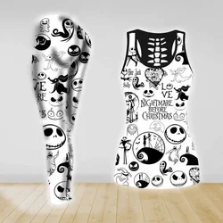 Disney Jack Skellington Women's Hollow Vest and Womens Leggings Yoga Suit Fitness Leggings Sports Suit Tank Top Legging Yoga Set