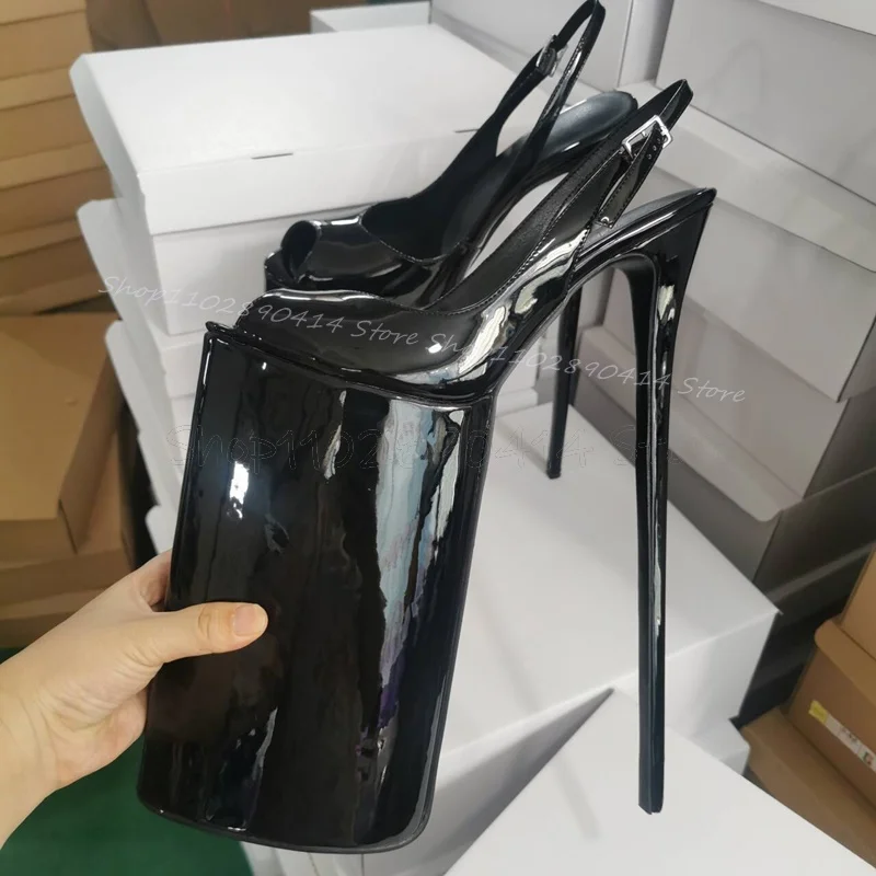 Black Peep Toe Patent Leather Super High Platform Pumps Buckle Strap Women Shoes Thin High Heels Sexy 2024 Zapatos Para Mujere