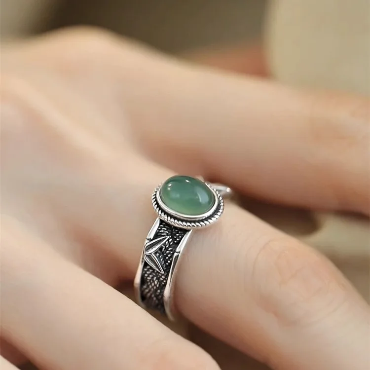 925 Sterling Silver Rings for Women Couple Minimalist Handmade Simple Green stone Ring Fine Jewelry Gift Prevent Allergy