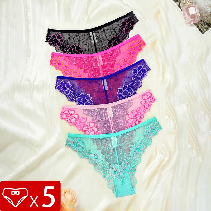 5pcs Lace Perspective Floral Women Panties Mid Waist Breathable Comfortable Lady Briefs Embroidery Underwear Female Underpants