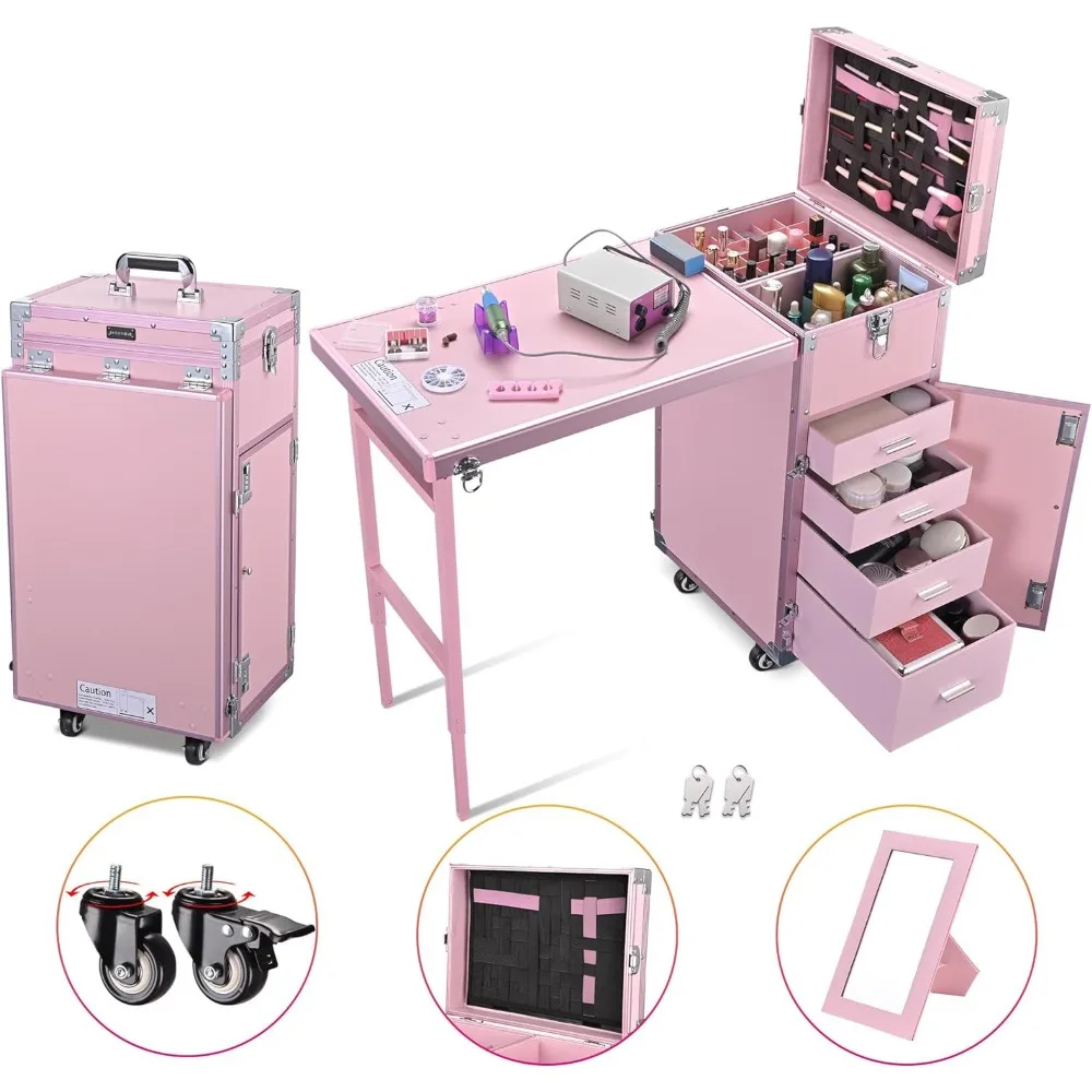 Rolling Foldable Nail Table Makeup Box, Cosmetic Cart Storage, Comes with 4 Drawer Mirrors, 