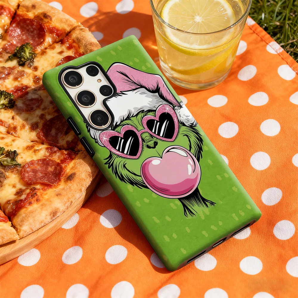 Natal G-Grinch Bolhas Rosa Capa de Telefone para Samsung Galaxy S25 Ultra S24 S23 Ultra Plus Brilhante Capa Traseira de Dupla Camada