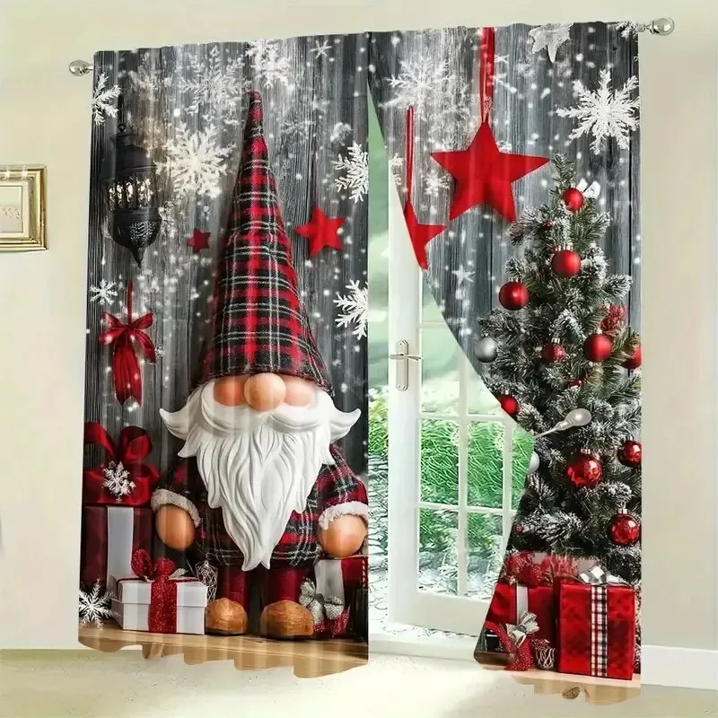 2PCS Digital Print Curtain, Christmas Gnome with Red Plaid Hat and Tree, Gifts and Stars on Wood, for Bedroom Window Decoration