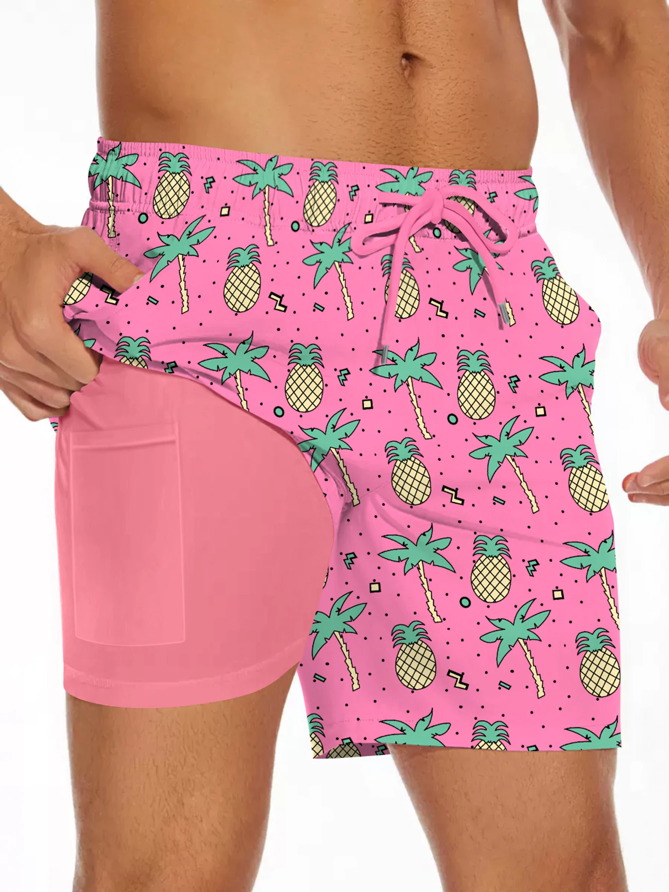 Cartoon Pineapple Digital Printing Men's Casual Comfortable Quick Dry Drawstring Shorts with Pockets  Summer Beach Sports