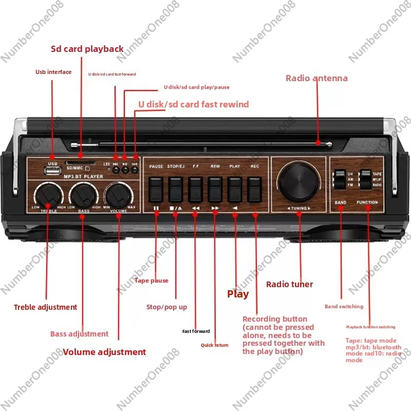 Antique high-power four-band tape recorder, tape player, radio, USB SD card, Bluetooth