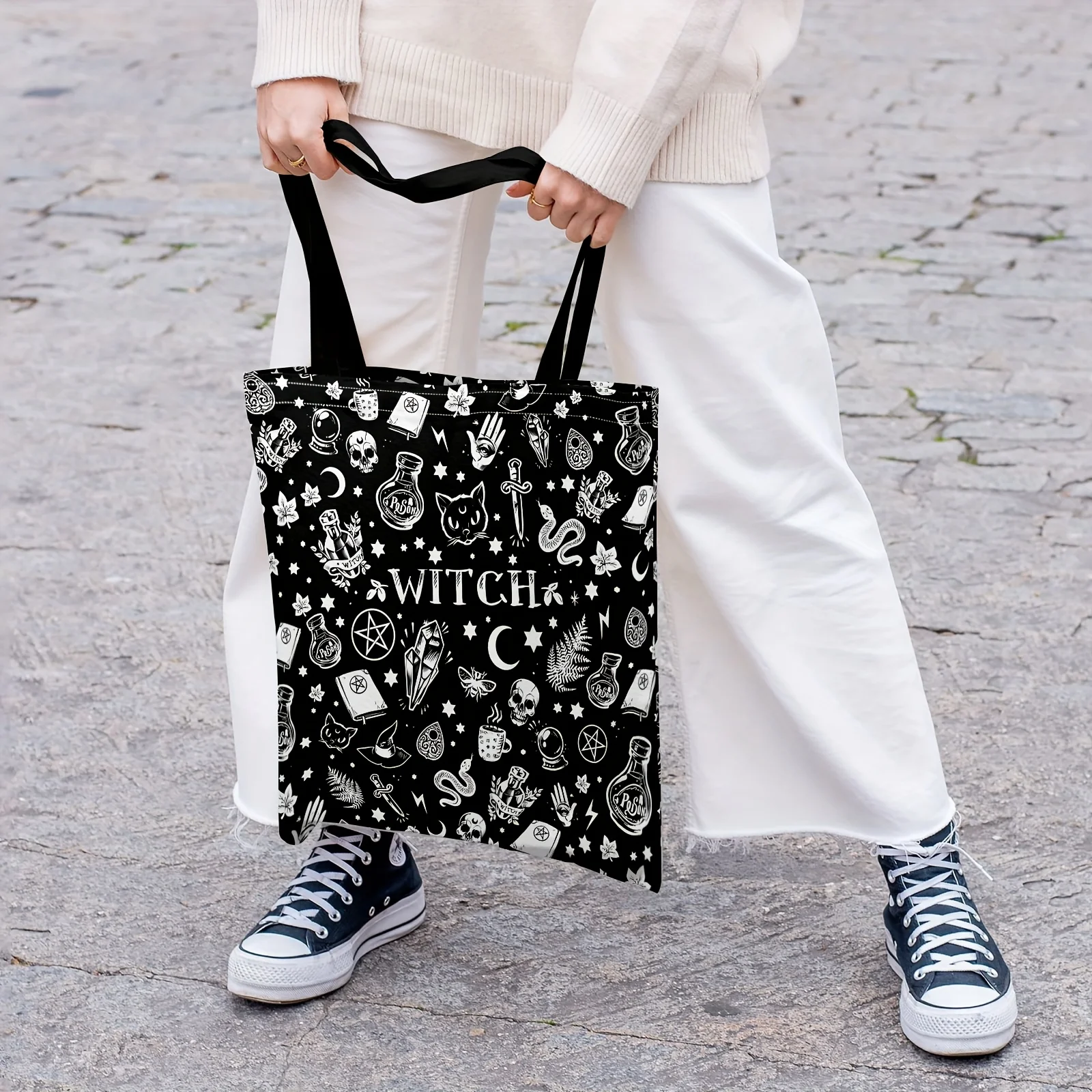 Bolso de mano de bruja mística con diseño de calavera, poción y estrella, con correas fijas para los hombros para fiestas de Halloween