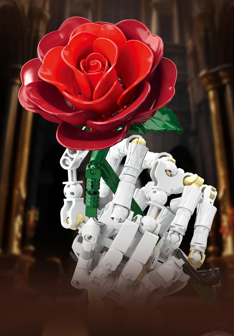 Idea Gothic Baustein Rote Rose Spielzeug Skelett Dunkle Blumenkrone Handgefertigter Baustein Schreibtischdekoration Sammlerstück für Geschenke – Detail 4