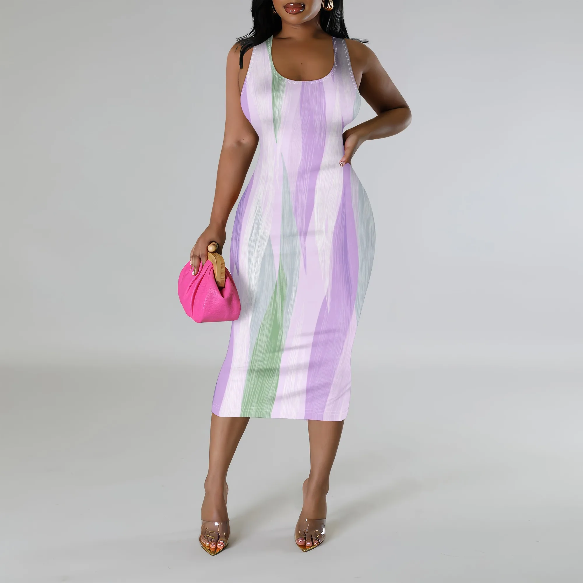 

Abstract Print Tank Midi Dress Women Casual Sleeveless Bodycon Summer Party Club Dress 2025