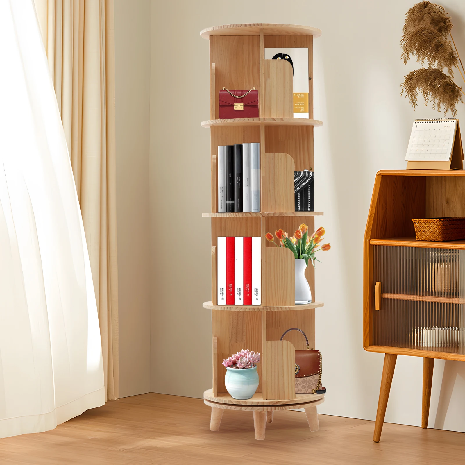 4-Tier 360° Rotating Bookshelf with Sturdy Legs, Solid Pine Wood Storage Organizer for Home/Office, 110LB Capacity per Tier