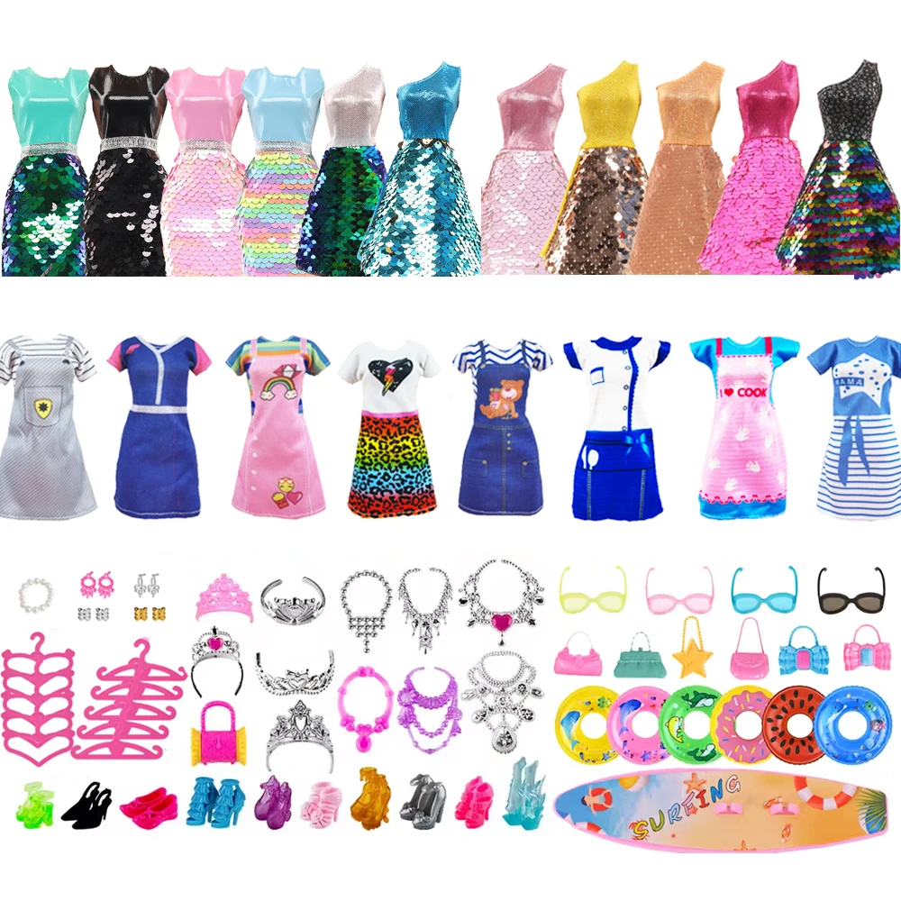 45 Item/Set Doll Accessories=5*Doll Clothes Dress+40*Doll Accessories Shoes Boots Necklaces Glasses Hangers etc For 11.5'' Dolls