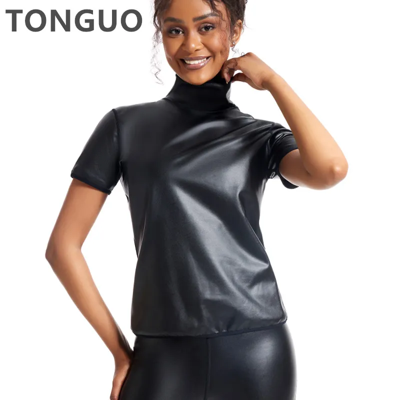 

Women High-neck Faux Leather Short Sleeve Fitted Tee Shirt Top Body Shaper Waist Trainer Slim Tshirt Fashion Slim Shapewear Tops