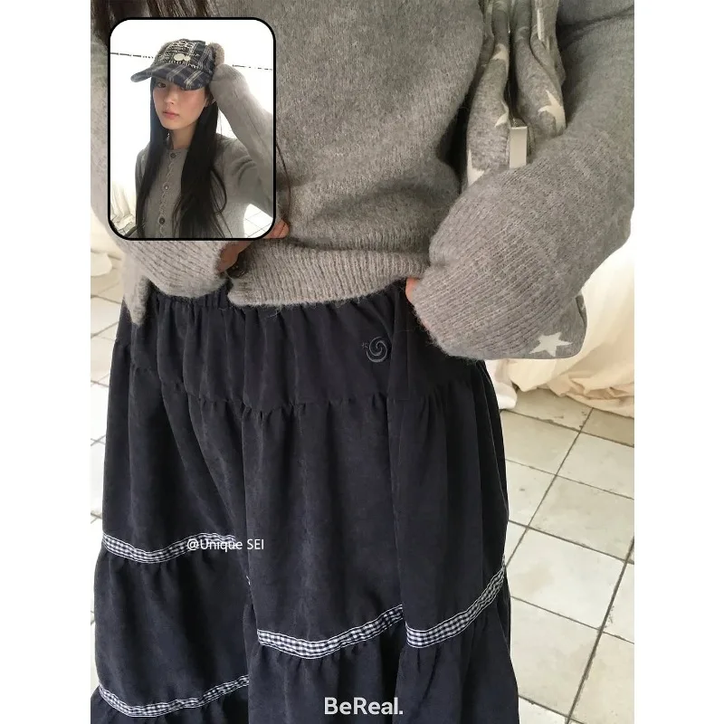 Streetwear Contrast Color Patchwork Loose A-line Skirt Women 2025 Autumn High Waist All-match Pleated Casual Mid-length Skirt