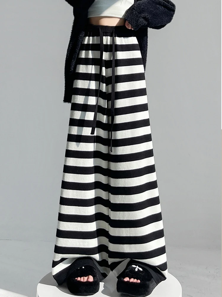 Jmprs Casual Striped Knitted Pant Women High Waist Fashion Sweet Wide Leg Trousers Korean Chic Fall Winter Female Elegant Pants